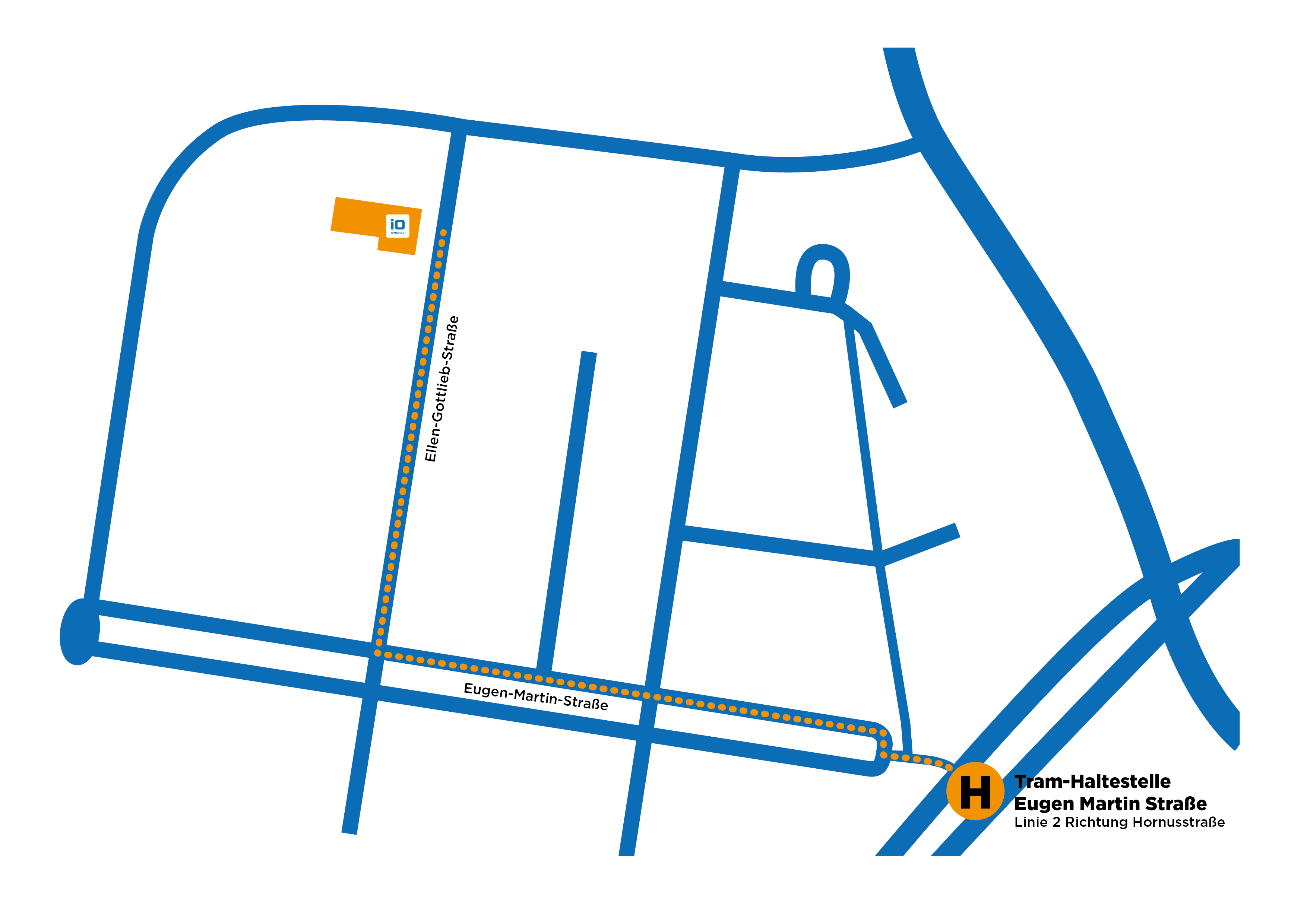 Karte des Güterbahnhofareals mit eingezeichnetem Weg zu iOMEDICO